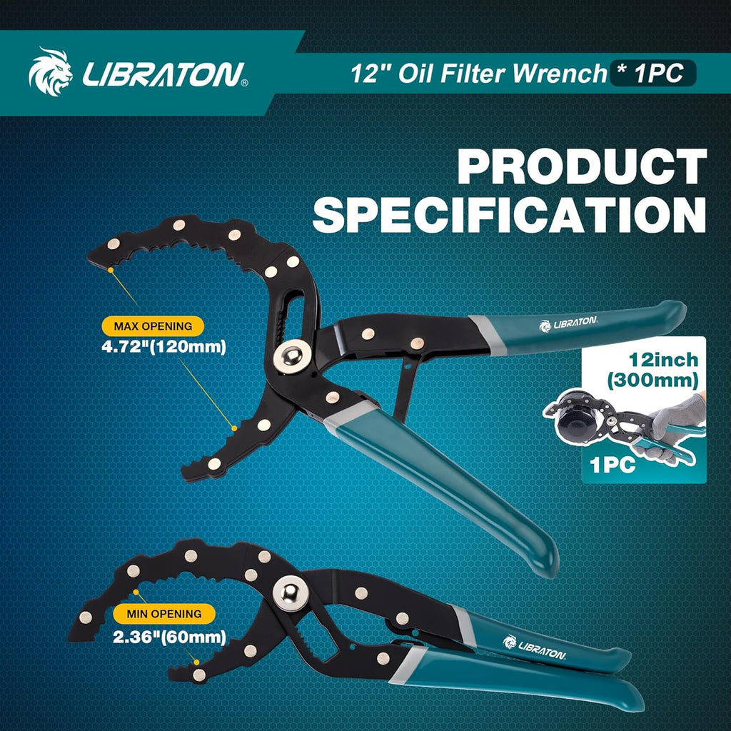 LIBRATON Oil Filter Wrench, 12" Oil Filter Pliers, Quick Adjustable Oil Filter Removal Tool with Spring Structure (2-3/8" to 4-3/4" Opening), One-Hand Use, for Cars, Motorcycles & Trucks