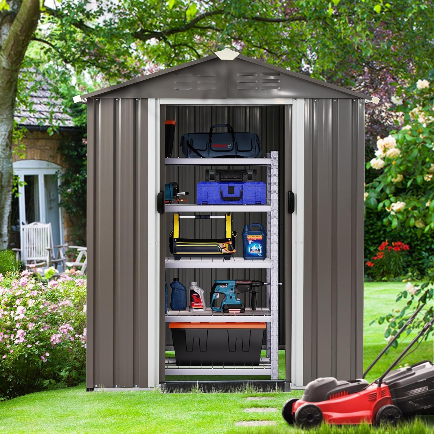 Shintenchi 5x3 FT Outdoor Storage Shed with Window, Lockable Outdoor Waterproof Tool Storage Sheds, Weather Resistant Tool Storage House Shed for Garden, Backyard, Patio Utility and Tool Storage, Gray