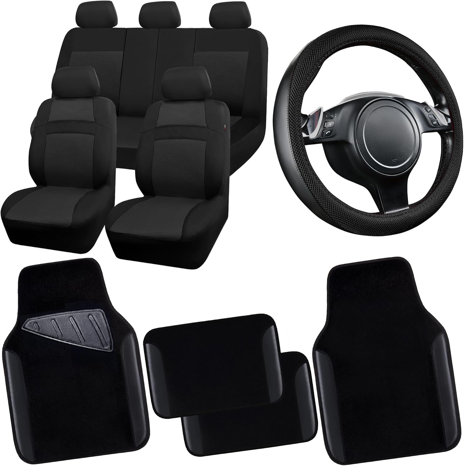 CAR PASS 3D Air Mesh Car Seat Covers Full Sets w/5mm Sponge, 4Pcs Waterproof Car Floor Mats, Steering Wheel Cover Universal Fit for SUV Sedan Truck, Airbag Compatible Automotive Interior(Black)