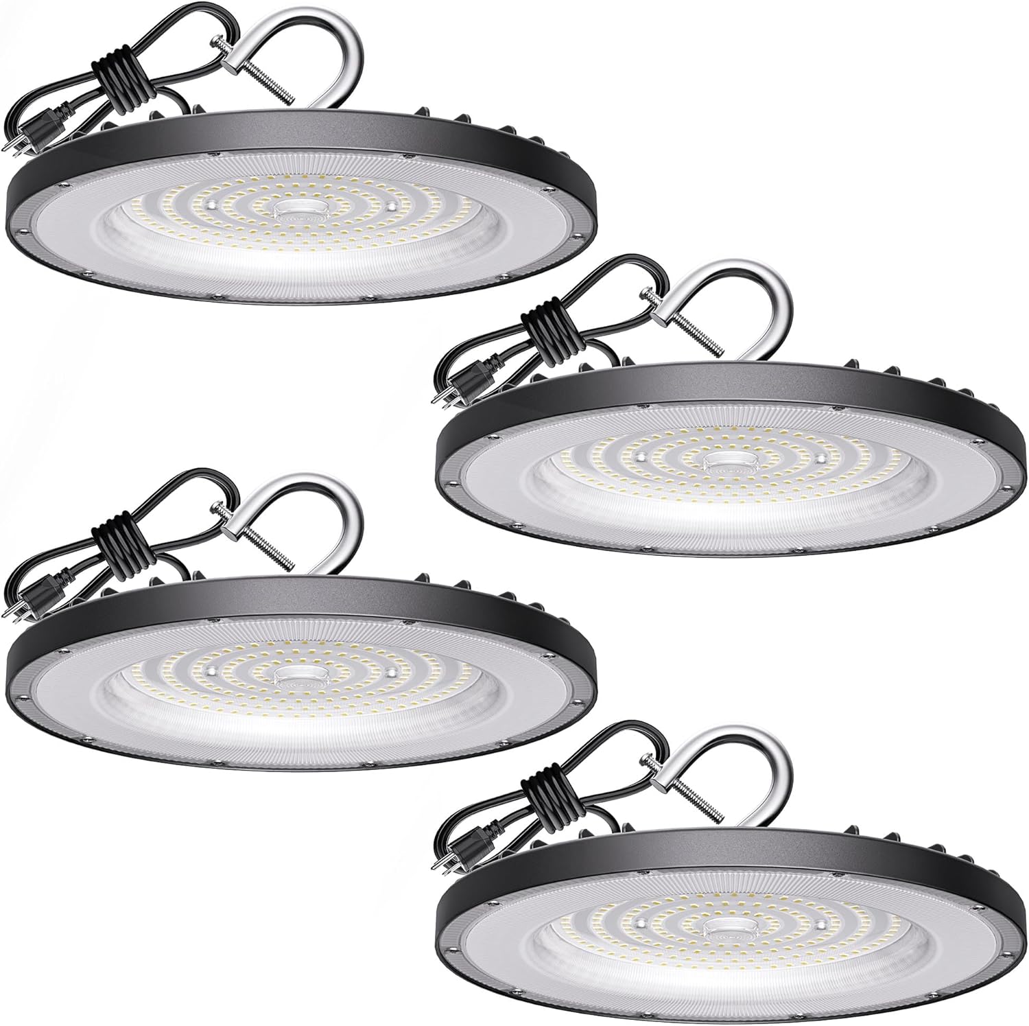 4 Pack UFO LED High Bay Light 150W(600W MH/HPS Equiv.), 21000lm, 5000K Daylight High Bay LED Shop Lights with 5' Cable US Hook, IP65 Commercial Light Fixture for Warehouse Workshop Barn Factory