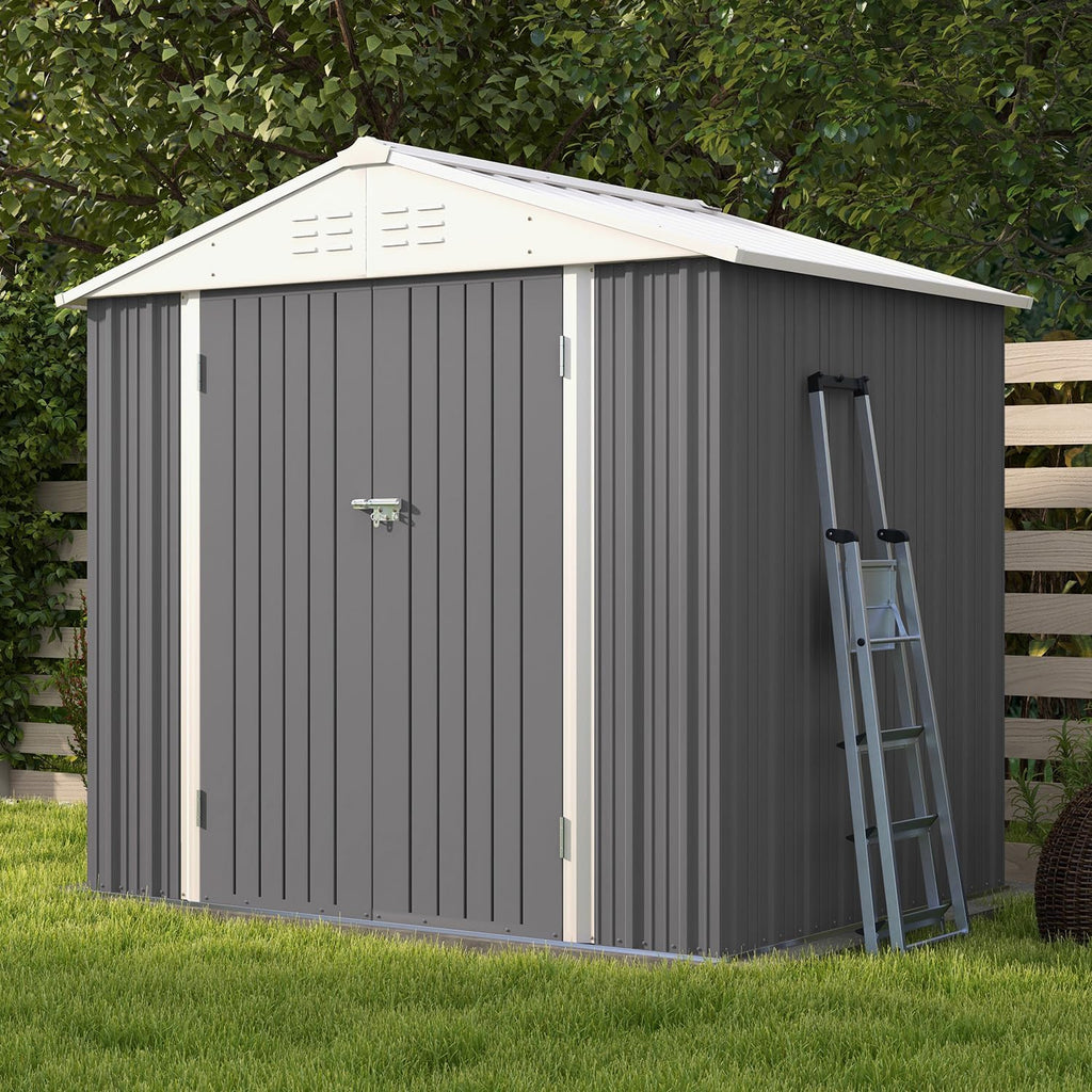 Patiowell 8x6 FT Outdoor Storage Shed, Garden Storage Shed with Sloping Roof and Double Lockable Door, Outdoor Shed for Backyard Garden Patio Lawn, Gray