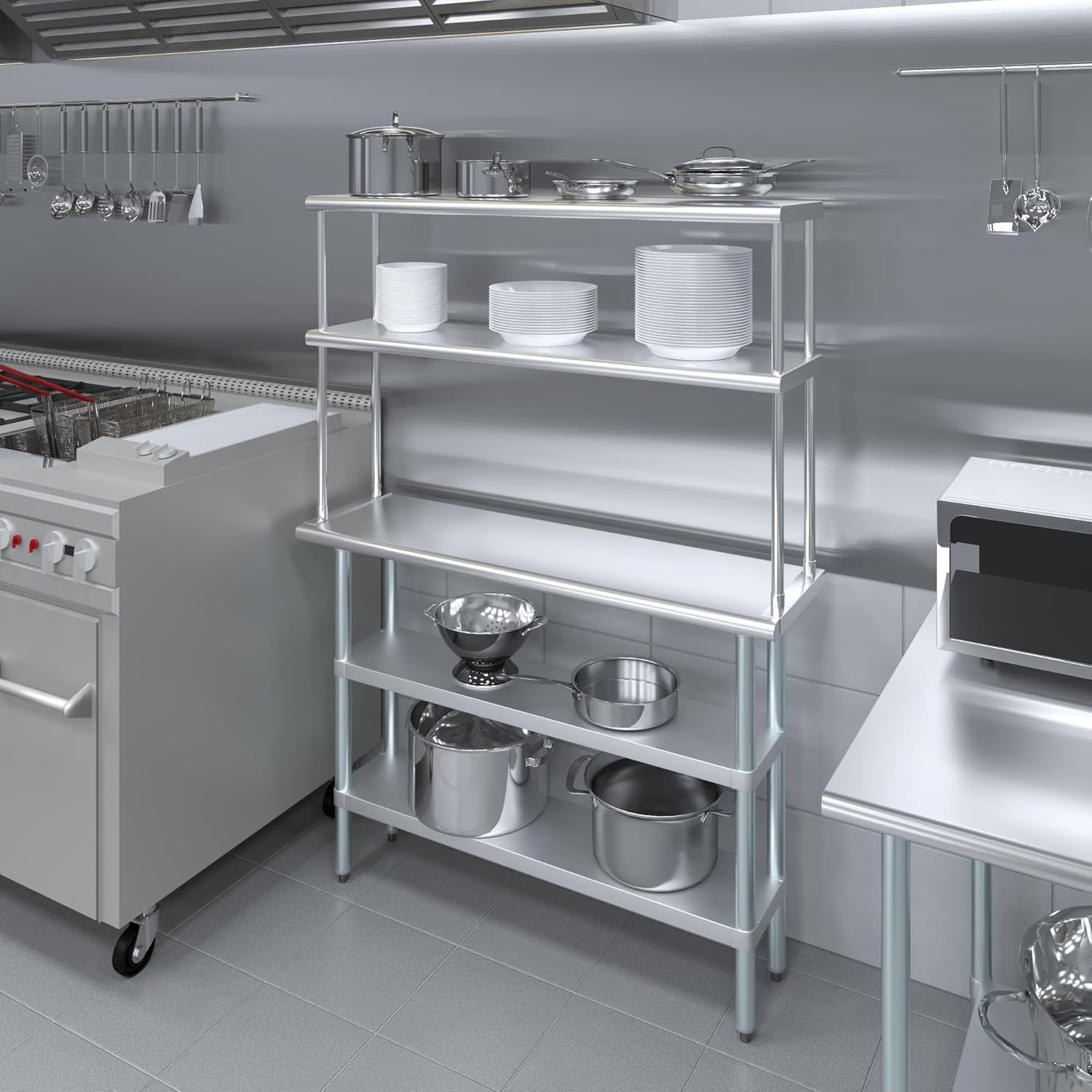 Amgood Stainless Steel Work Table with 2 Shelves | Metal Kitchen Prep Table & Shelving Combo (14" x 48" Table with 2 Shelves + 12" Overshelf)