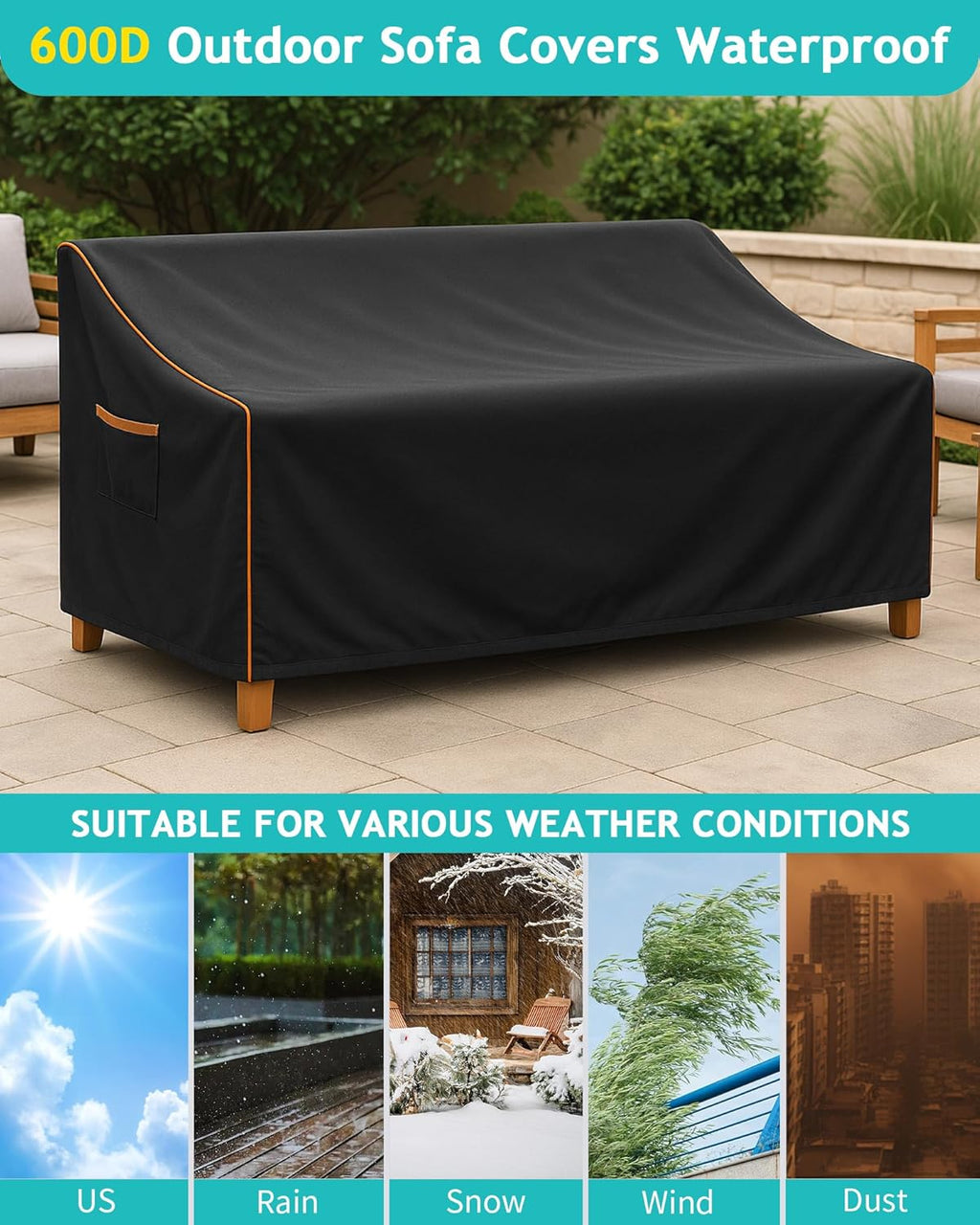 Outdoor Sofa Cover, Waterproof Patio Furniture Cover 80W x 42D x 33H inches Heavy Duty 600D Oxford Fabric Black