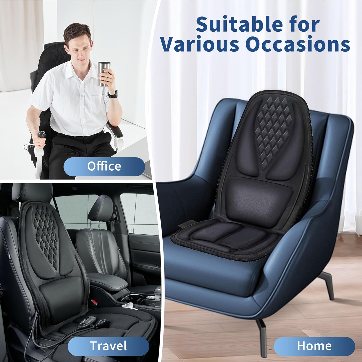 Back Massage Chair Pad with 3D Lumbar Support, Electric Back Massager for Pain Relief, Massage Seat Cushion with 3 Vibration Intensities & 2 Heat Levels