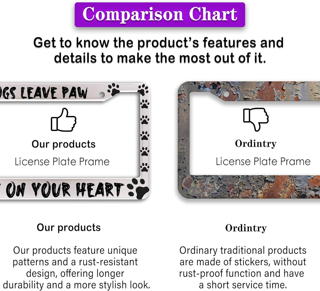License Plate Cover Black and White License Plate Frames Dogs Leave Paw Prints on Your Heart Universal Aluminum Car Accessory 2 Pack with Screw Covers Set