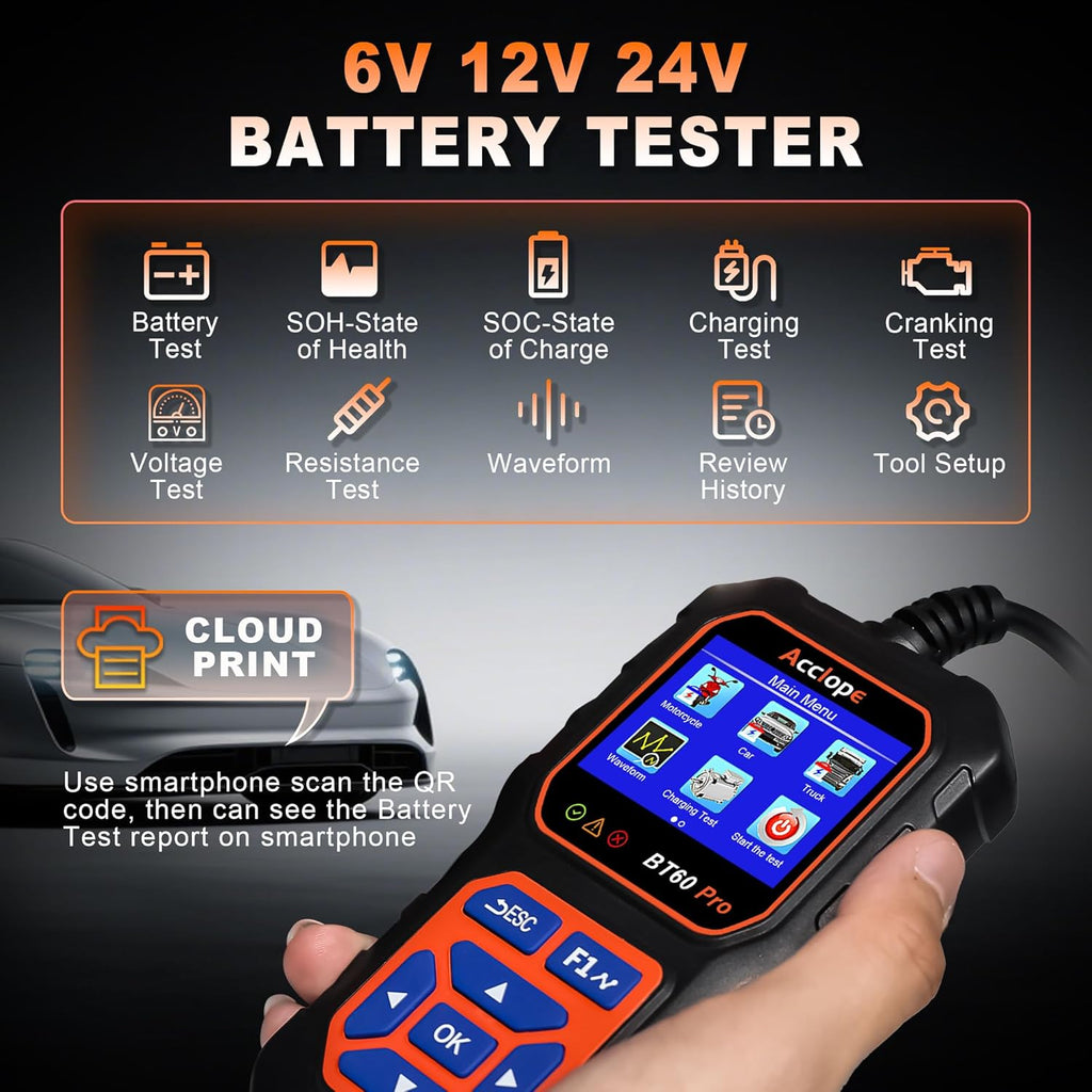 BT60 Pro Acclope Car Battery Tester with Cloud Printing 100-3000 CCA 6V 12V 24V AGM Lithium Gel Battery Checker Automotive Alternator Digital Analyzer Charging Cranking System Vehicles Truck Home-use