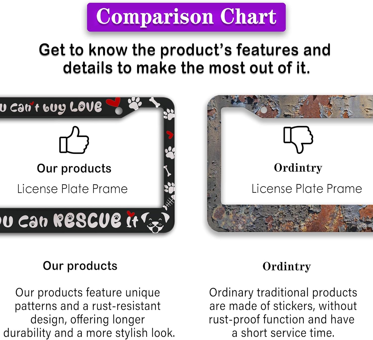 License Plate Frame Black and White Front License Plate Bracket You Can’t Buy Love, but You Can Rescue It Aluminum Metal Car Accessory 2 Pack with Screw Covers Set