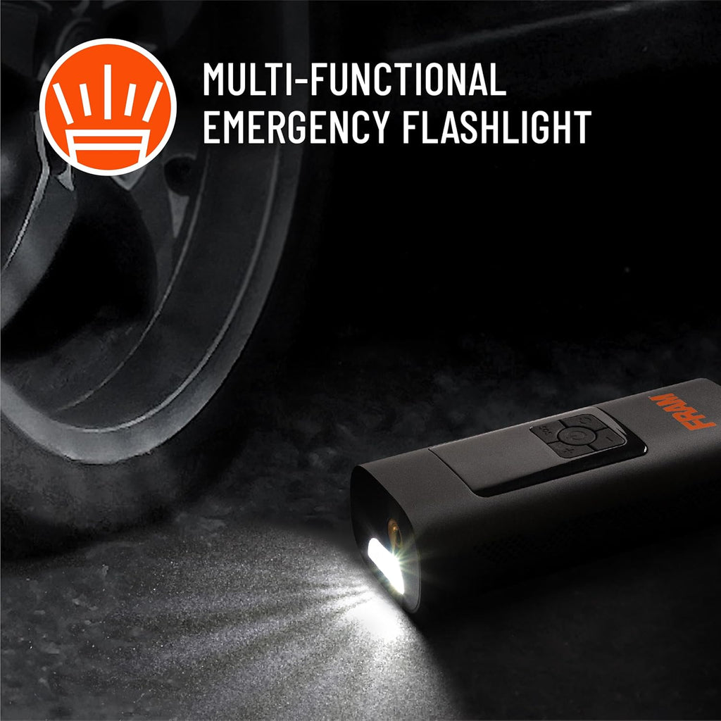 FRAM FEK40002 Portable Emergency Tire Inflator with 6000mAh Battery and 12V, 150PSI Air Pump for Car, Bike, Motor, Ball with Digital Tire Pressure Gauge with LED Light