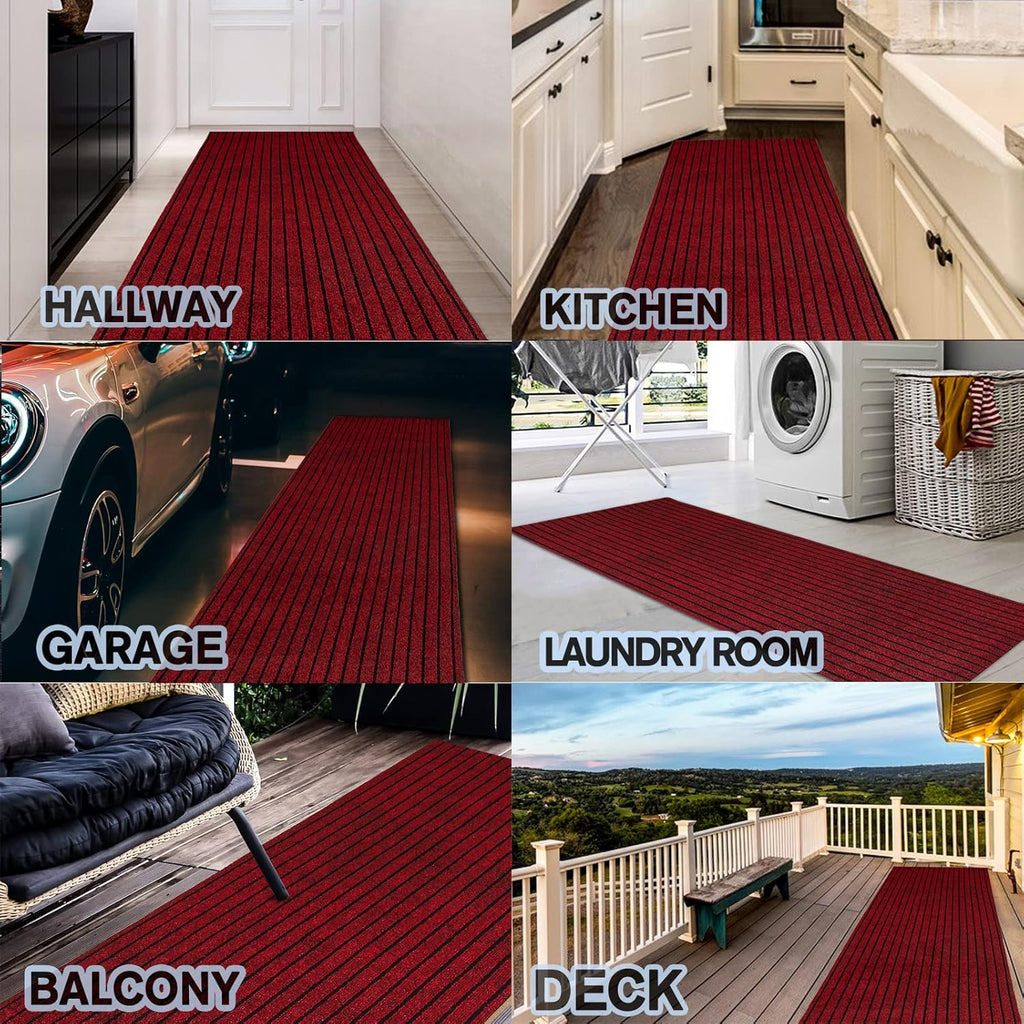 Custom Size Backed Non-Slip Area Rugs Runner, Easy Clean, Waterproof Runner Rugs for Hallway Entryway, Kitchen, Laundry, 2FT x 16FT, Red Stripe