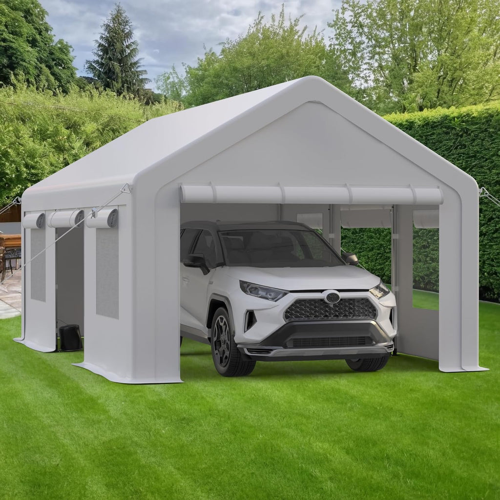 13x20ft Carport Heavy Duty, Portable Garage with 4 Doors + 4 Window, Upgraded Carport with Reinforced Steel Poles, Uv Resistant Waterproof Tarp, Portable Carport for Car, Truck, Boat