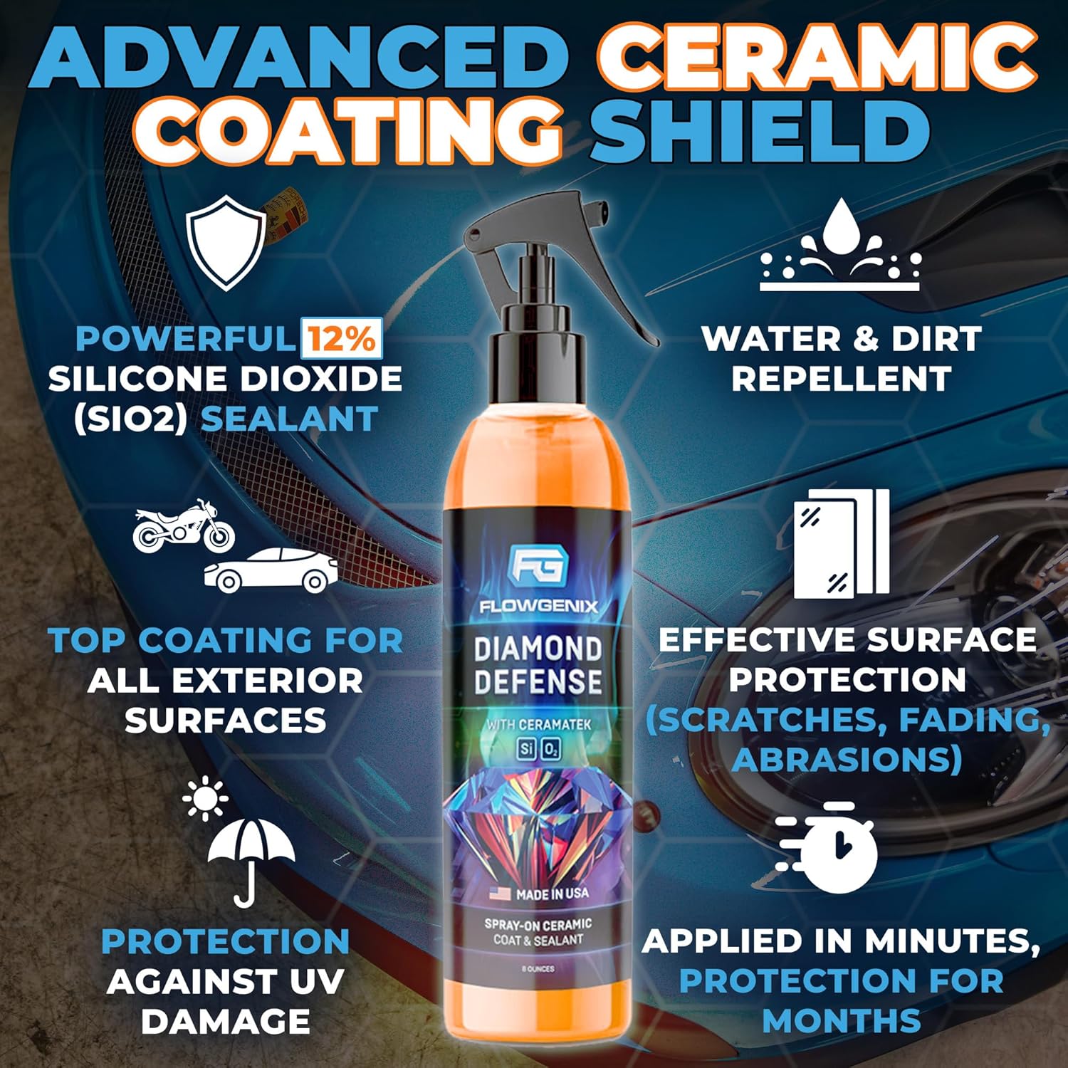 Ceramic Coating For Cars and Motorcycles Spray (8oz) - SiO2 Ceramic Wax & UV Protective Shield Detailing - Auto Wax Hydrophobic Detail Spray - Incl. 2 Microfiber Towels