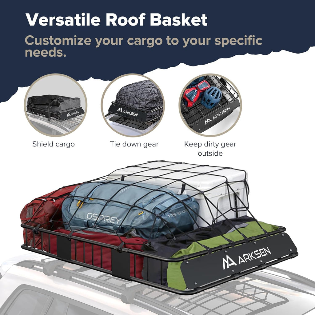 ARKSEN 64 x 50 x 6 Inch Universal Extra Wide 150LB Heavy Duty Roof Rack Cargo with Cargo Net, Car Top Luggage Holder Carrier Basket for SUV, Truck, & Car Steel Construction