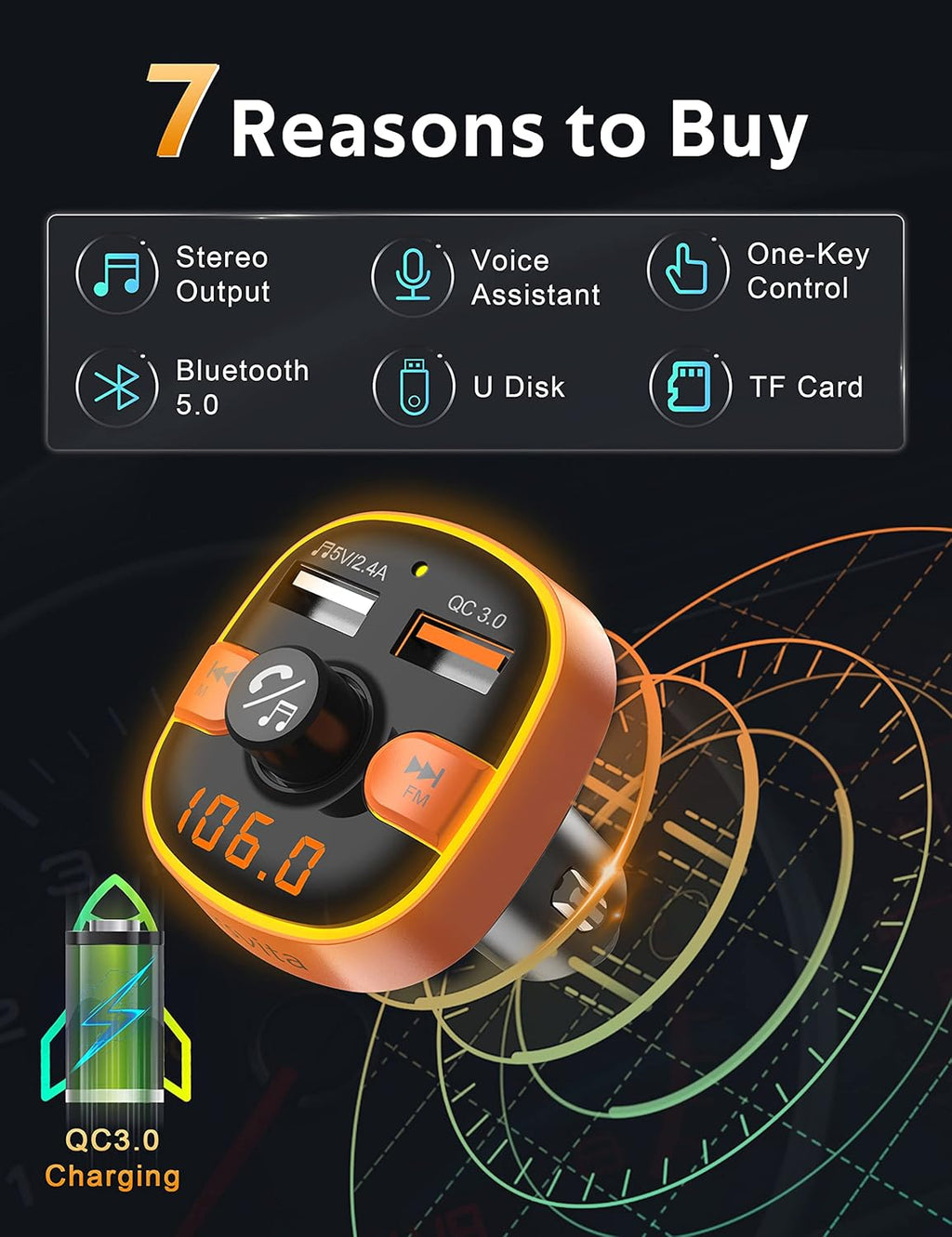 Upgraded Arsvita Bluetooth FM Transmitter for Car, Radio Receiver/Audio Adapter with Dual Car Charger, Support QC3.0 Quick Charging, Hands-Free Calling and Hi-Fi Sound Playback, Orange