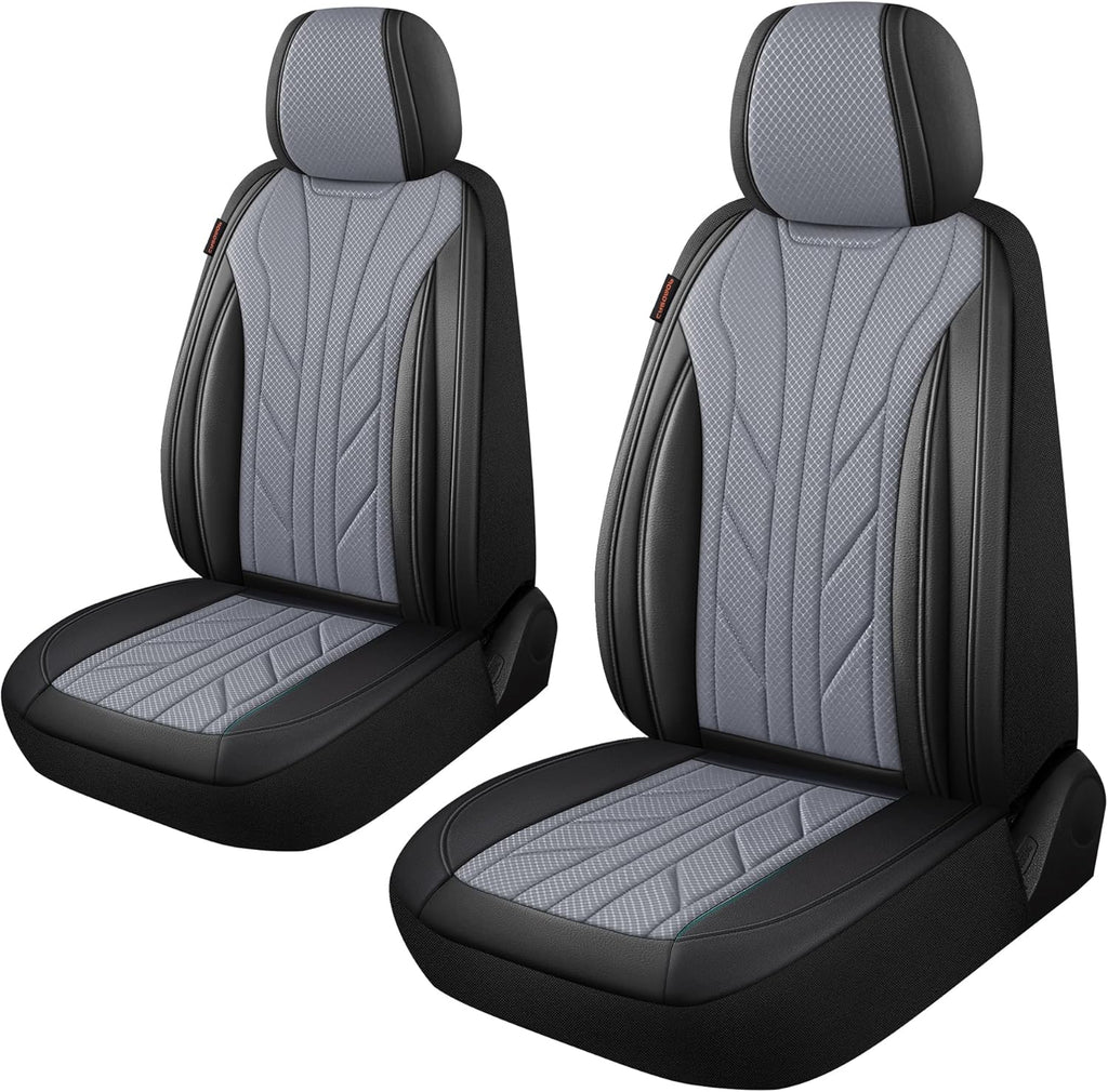 CAROMOP Luxury Faux Leather&Fabric Car Seat Covers 2 Front Seats with Breathable 3D Foam Back Support, Universal Seat Covers for Cars,Trucks,SUVs, Front Armrests Compatible(Black/Grey)