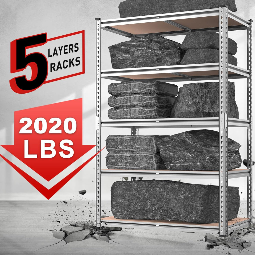 REIBII 2020LBS Garage Shelving Heavy Duty Metal Shelving 5 Tier Storage Shelves, Garage Shelves for Warehouse Basement, Easy Assembly, 72" H x 35.55" W x 16" D, Galvanized, 4 Pack