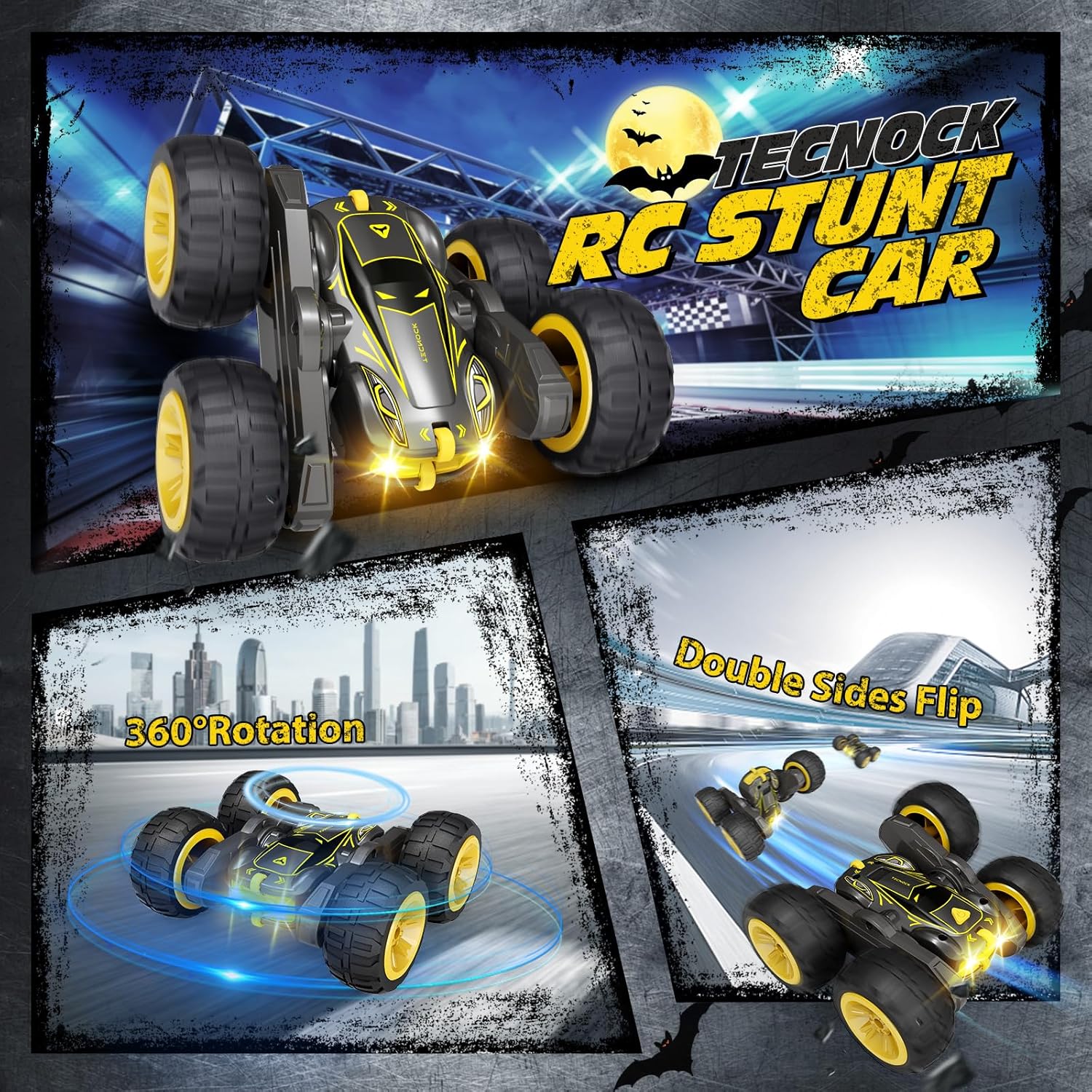 Tecnock Remote Control Car for Kids, 2.4GHz RC Cars with USB-C Easy Charging, 4WD Double Sided 360° Rotates and Flips RC Stunt Car, Toys Gift for Boys and Girls