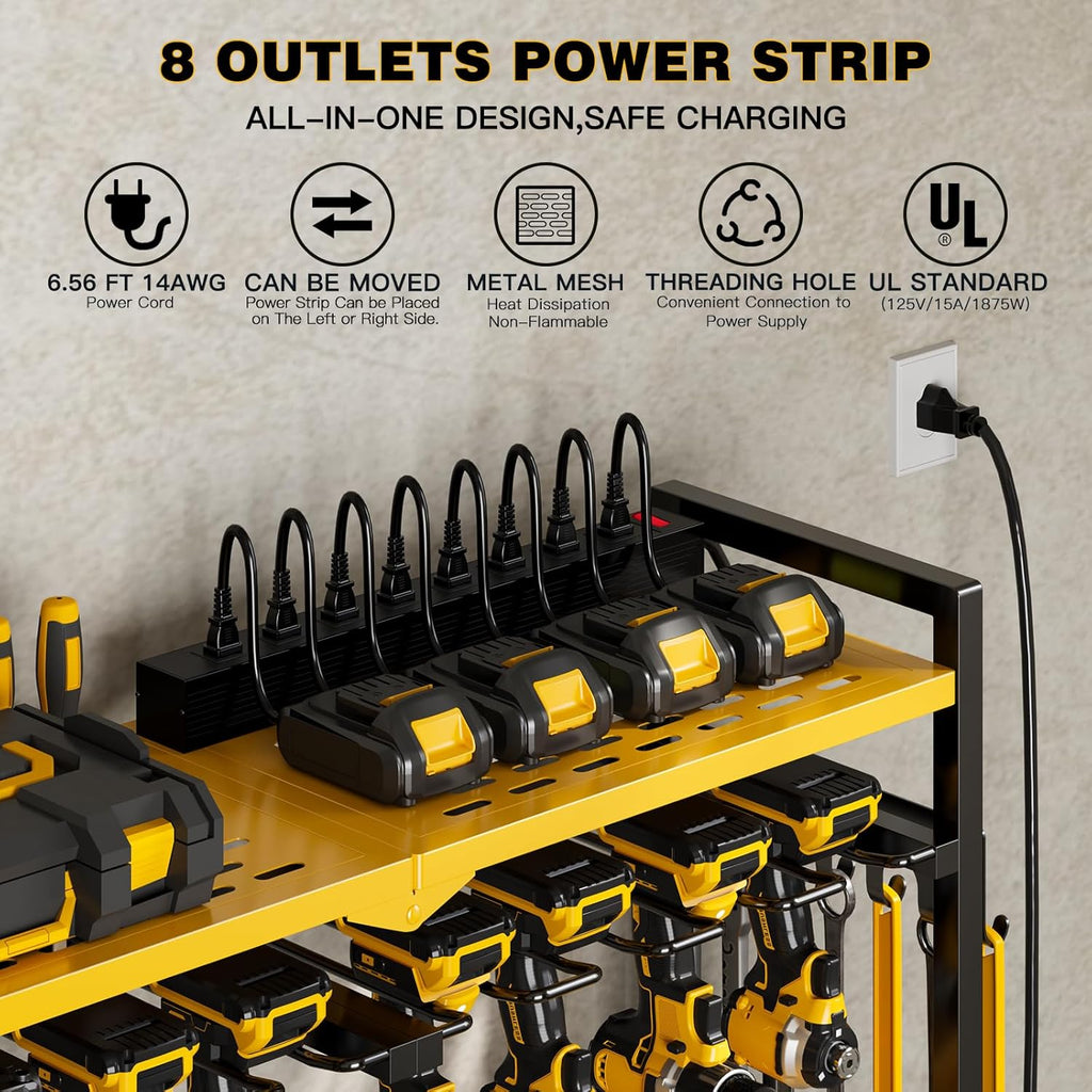 Large Power Tool Organizer Cart with Charging Station 8 Drill Holder Garage Storage Standing Heavy Duty and Stability Storage Rack Utility Tool Shelf (Yellow)