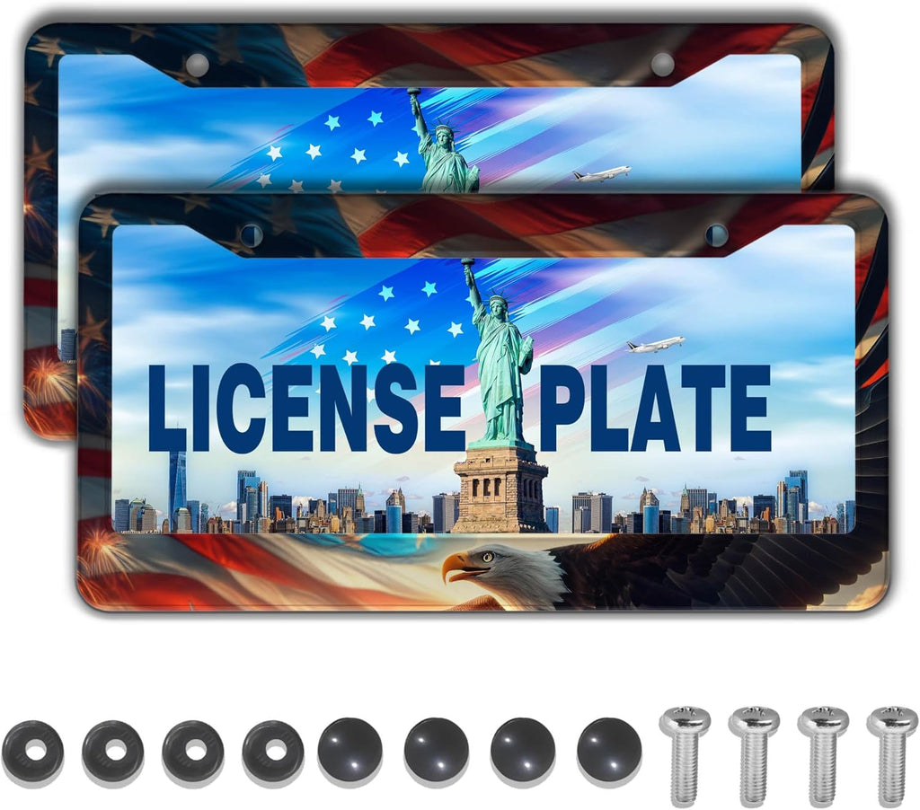 Automotive Exterior Accessories Multicolor License Plate Frames American Flag Eagle Aluminum Metal Car Accessory 2 Pack with Screw Covers Set