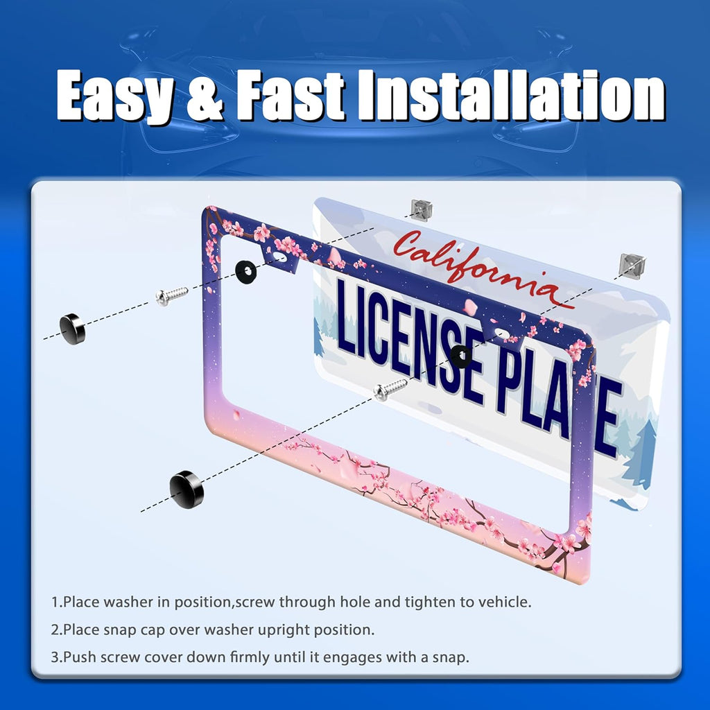 Cherry Blossom License Plate Frame Pink Flowers Floral License Plate Stainless Steel Funny License Plate Holder Women Car Accessories Decoration with Screws Fits Standard Vehicles Size 12.3" x 6.3"