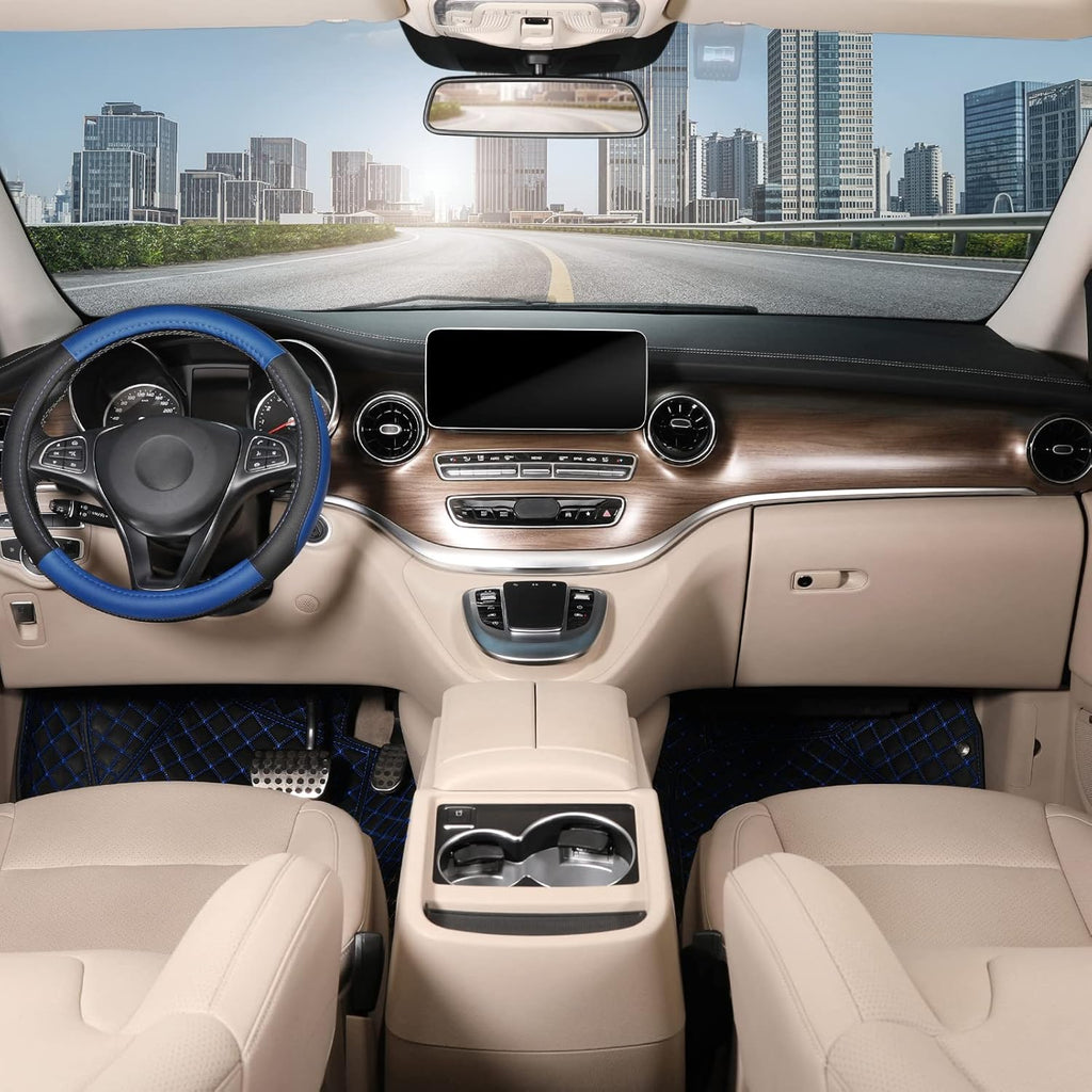 SEG Direct Car Steering Wheel Cover Universal Standard Size 14.5-15 inch, Black and Blue Microfiber Leather