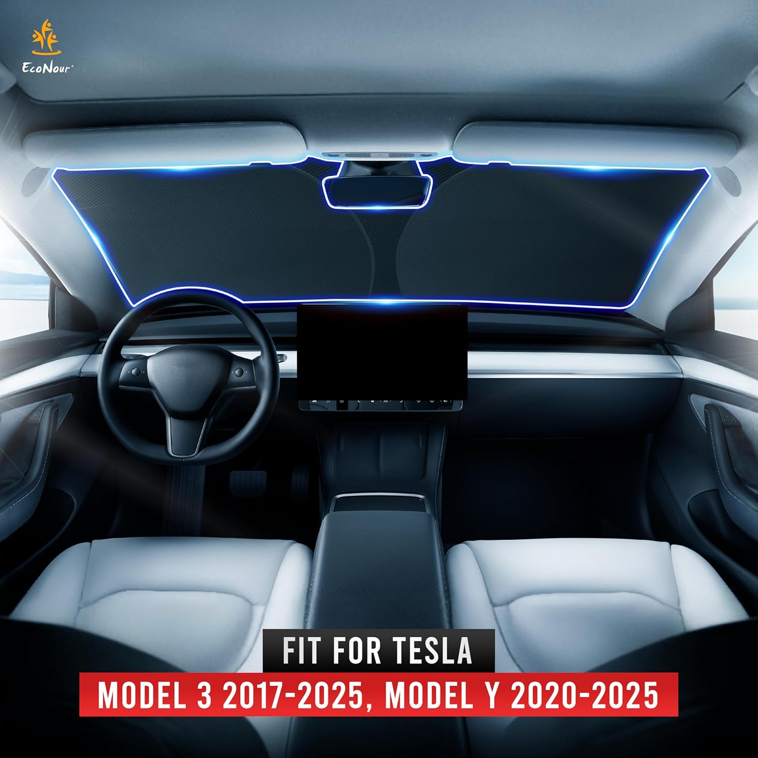 EcoNour Windshield Sun Shade for Tesla Model 3/Y Cars | (2016–2025) Foldable Sun Shield | Tesla Accessories – Upgraded Windshield Fits for Both Tesla Model Y Sunshade and Tesla Model 3 Sunshade