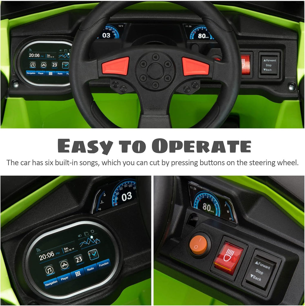 TOBBI 12V Kids Ride on Car, Electric Off-Road UTV Truck with Forward and Reverse Functions, Double Open Doors, Safety Belt, Horn, Music, and Lights for Kids Aged 3-5 Years (Fluorescent Green)