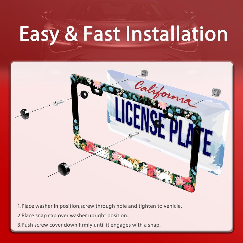 Personalized License Plate Frame Cat Flowers Stainless Steel Accessory Pet License Plate Holder Funny Car Decorative 2 Holes Screws Fits Us Standard License Plates 12.2 X 6.3 in for Men Women