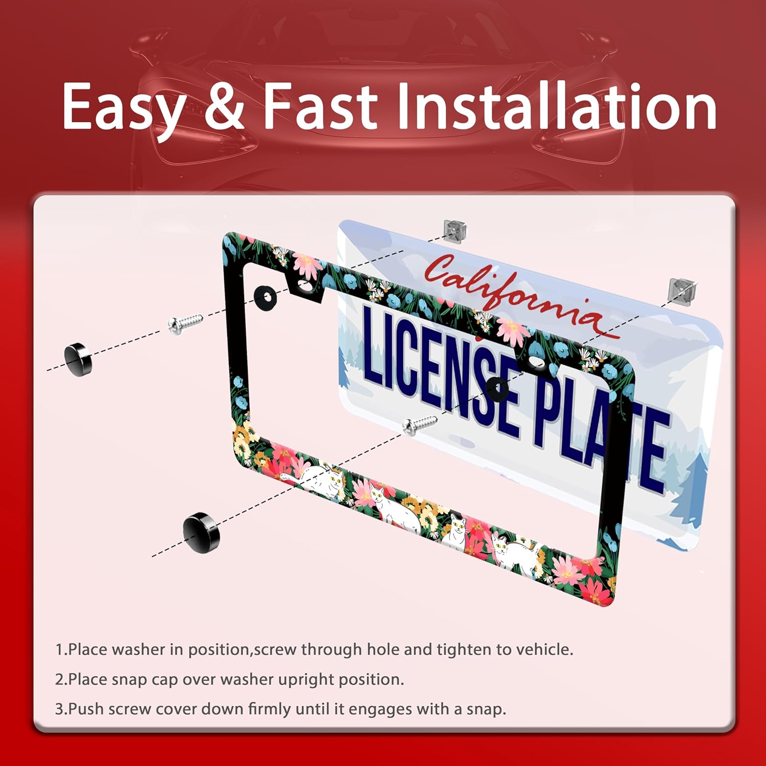 Personalized License Plate Frame Cat Flowers Stainless Steel Accessory Pet License Plate Holder Funny Car Decorative 2 Holes Screws Fits Us Standard License Plates 12.2 X 6.3 in for Men Women