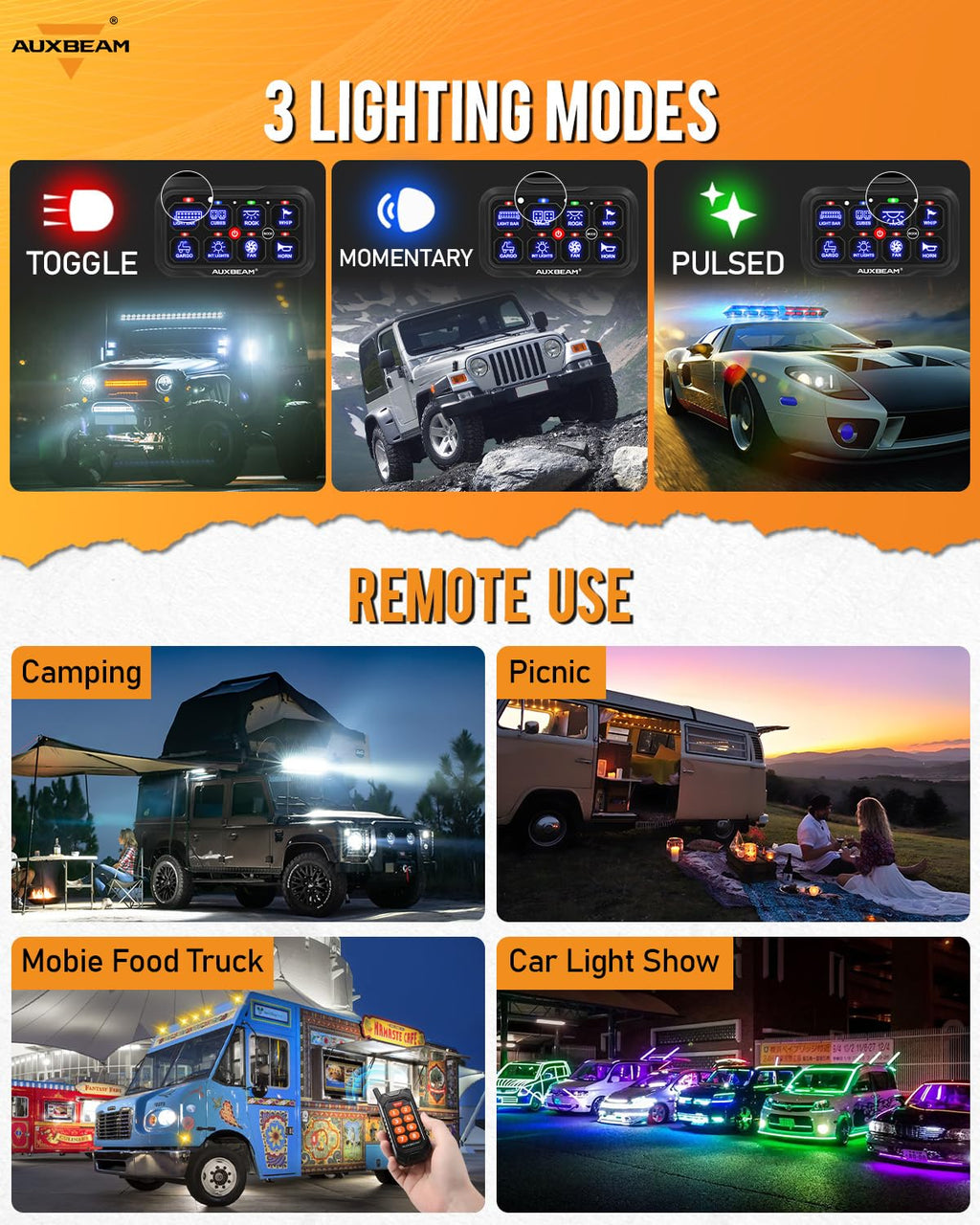 Auxbeam RC800 8 Gang Switch Panel RA84 RGB Wireless Remote Control Up to 165FT Range Automotive Switch Pod Featuring 3 Lighting Modes Backlit Off Waterproof for Car Boat Truck RV 2-Year Warranty
