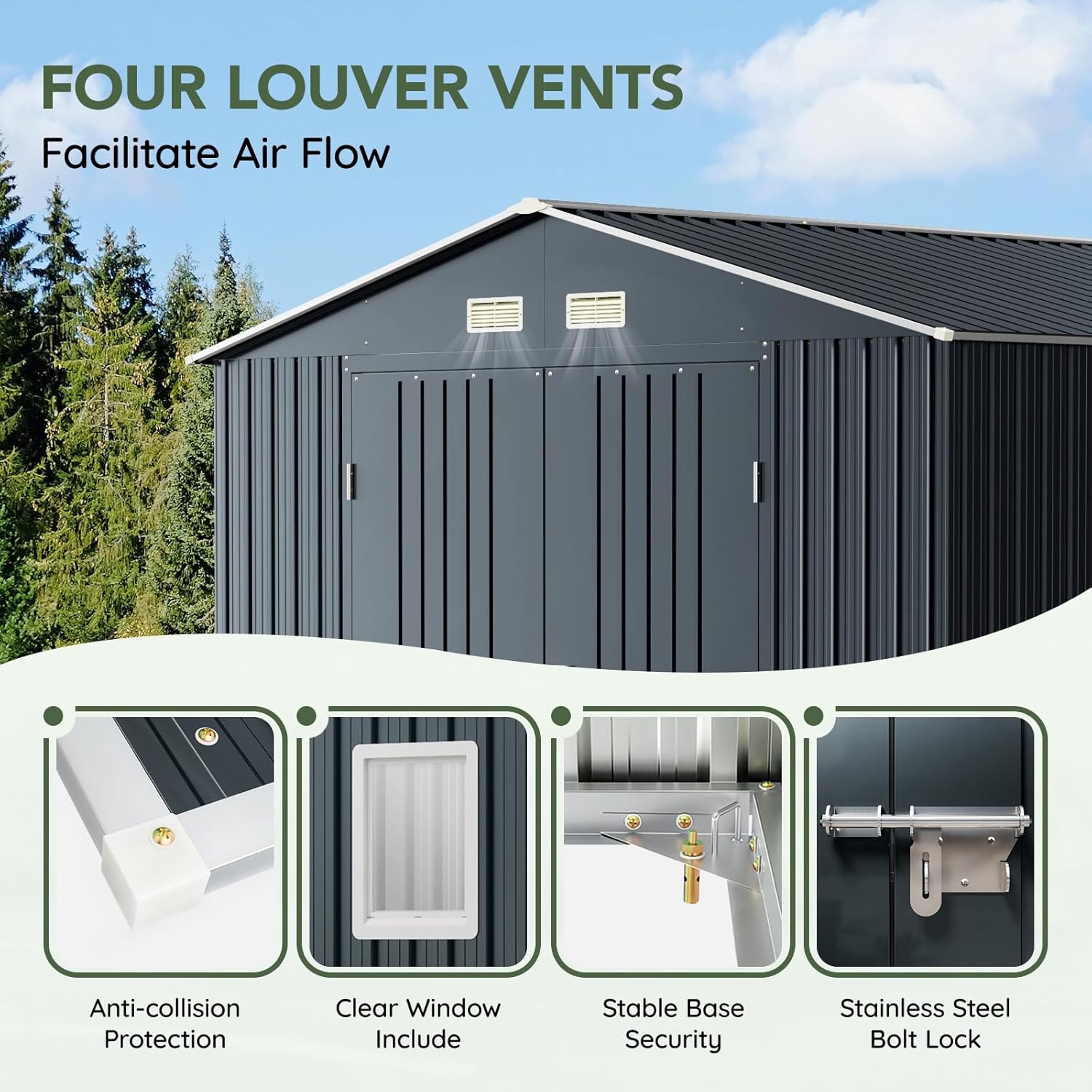 10x10 FT Outdoor Metal Storage Shed with Floor Frame, Double Swing Doors, 2 Clear Windows,Tool Shed for Garden, Patio, Backyard