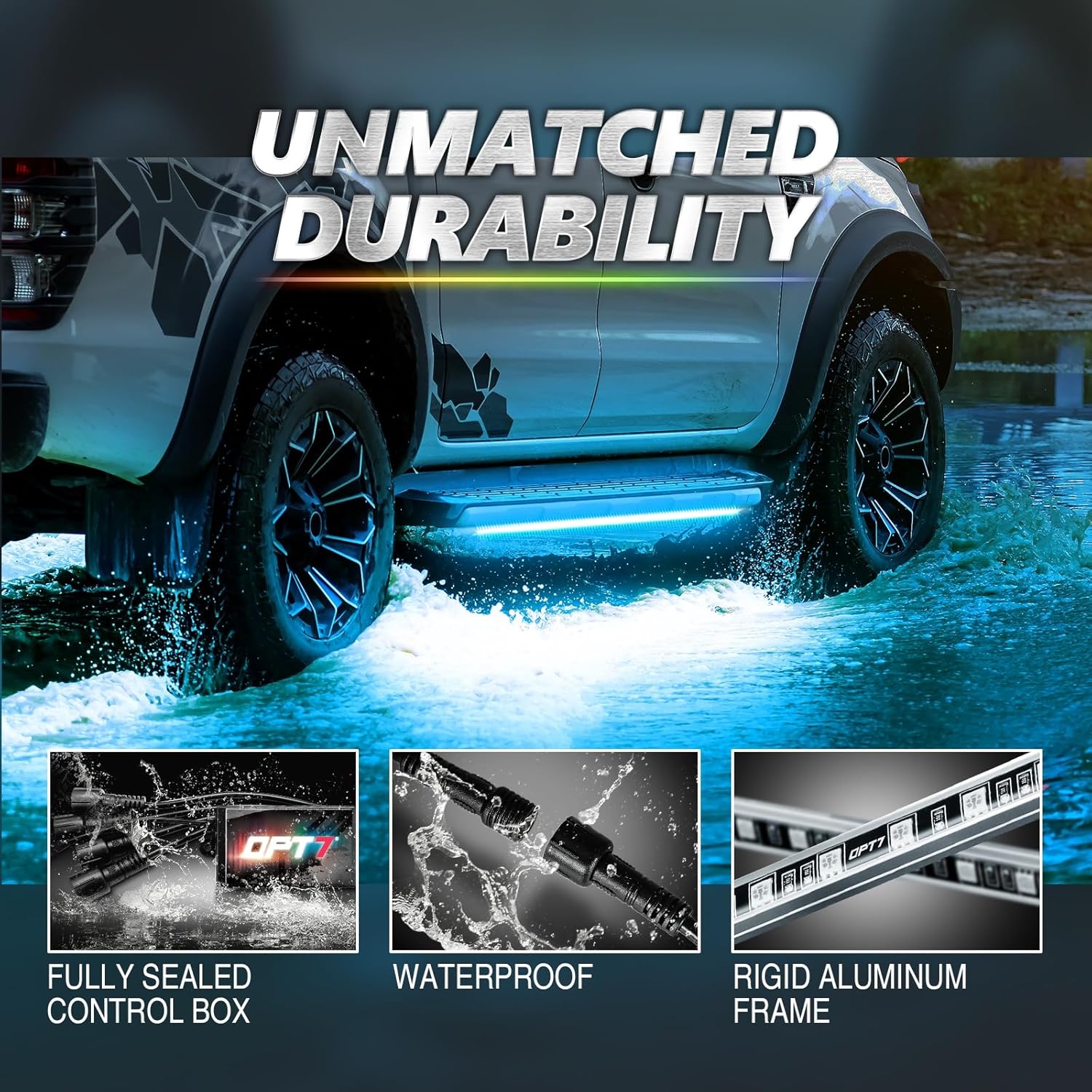 OPT7 Aura Pro Underglow LED Lights Kit for Truck with App & Remote Control, RGB Multicolor Music Modes, Waterproof Rigid Aluminum Light Bar, Exterior Neon Accent Lighting for Regular Extended Cab
