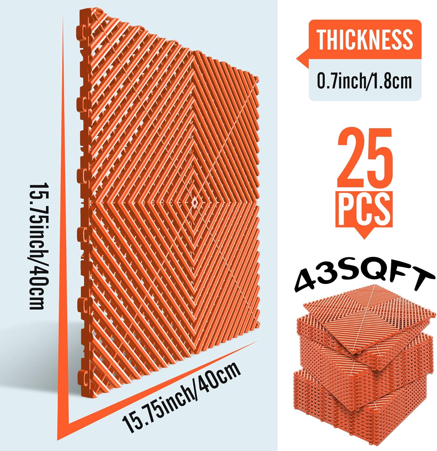 15.7"x15.7" Garage Flooring Tiles, Non-Slip Interlocking Plastic Garage Floor Mat, Garage Organization & Garage Storage, Vented Pattern (Orange, 25PCS)