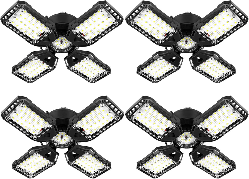 LED Garage Lights 4 Pack -120W, 12000LM 6500K Led Shop Light with 4+1 Deformable Panels, Basement Barn Light Garage Ceiling Lights, E26/E27 for Garage, Warehouse, Shop