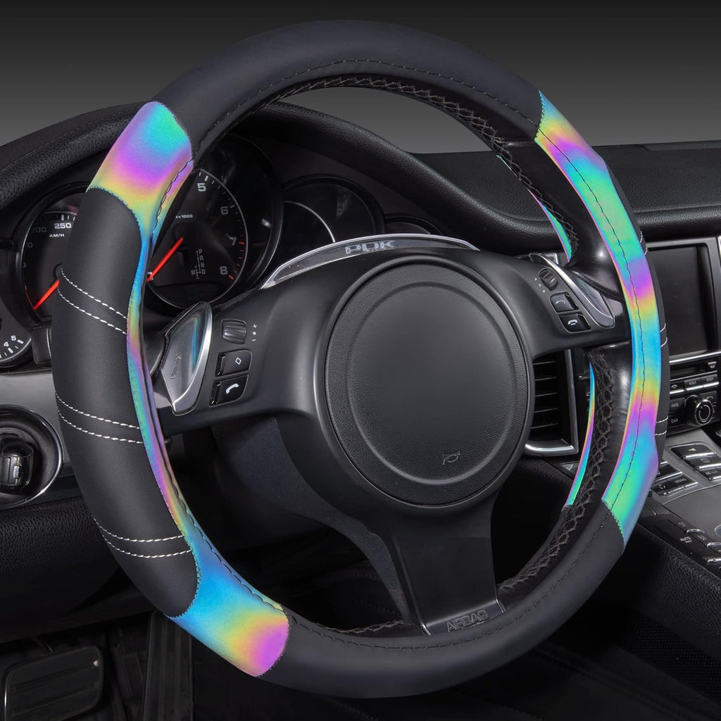 CAR PASS Line Rider Microfiber 15.5-16 Inch Leather Sporty Steering Wheel Cover Universal Fits for 95% Truck,SUV,Pickup, Anti-Slip Safety Comfortable Desgin (Black Reflective)