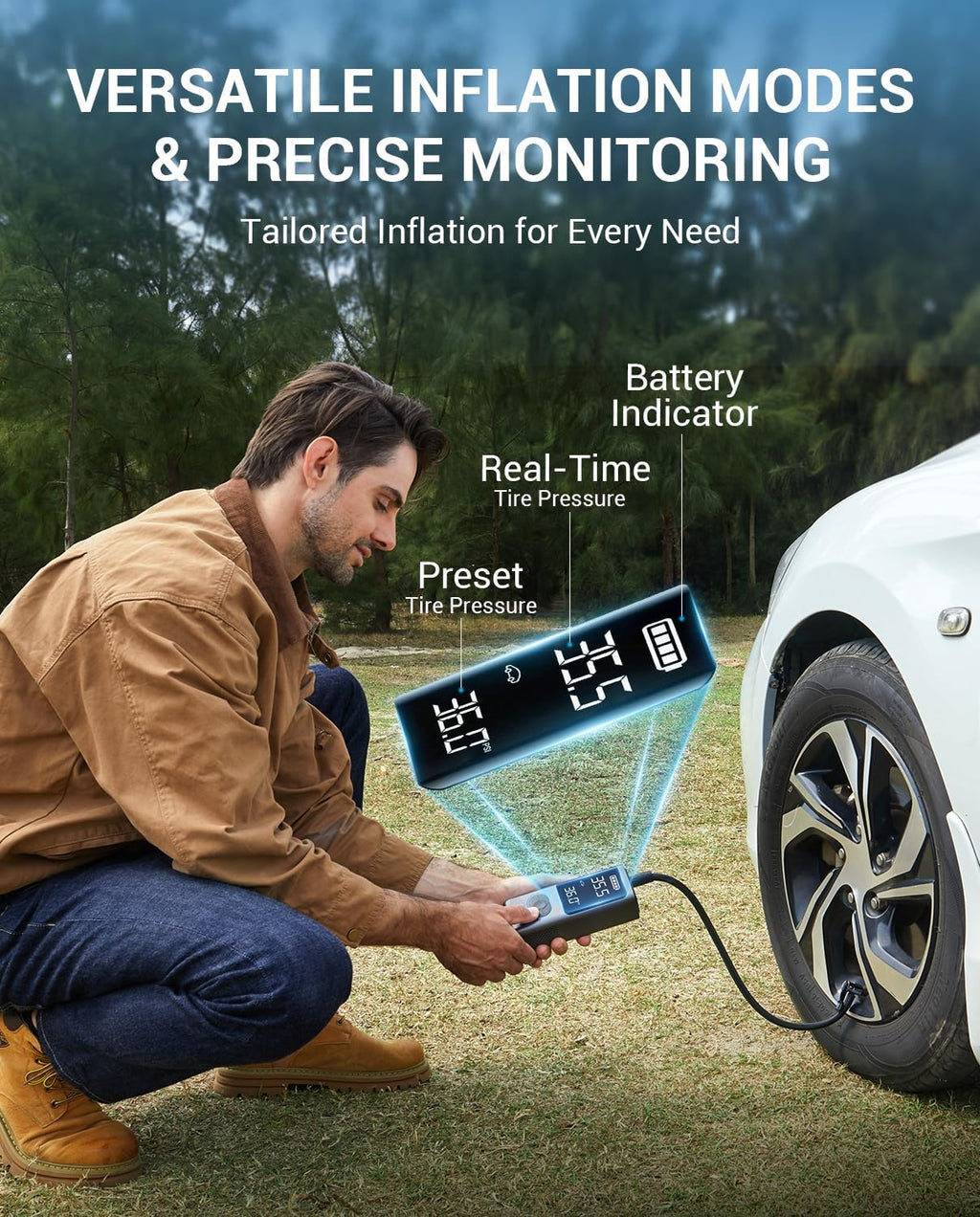 AVAPOW Tire Inflator Portable Air Compressor, 150 PSI Cordless Car Tire Air Pump with Pressure Gauge, 3.7″ LCD Screen, Auto-Shuts Off Tire Pump for Car, Motorcycle, Bike, Balls