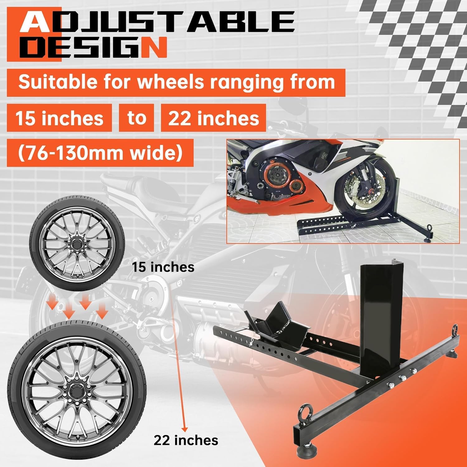 ECOTRIC Motorcycle Wheel Chock Stand Upright 1800lb Capacity, Adjustable Motorcycle Front Tire Stand Chock for Trailer Truck Garage Fit for Most Motorcycles Tire Size 15"-22" Wheels