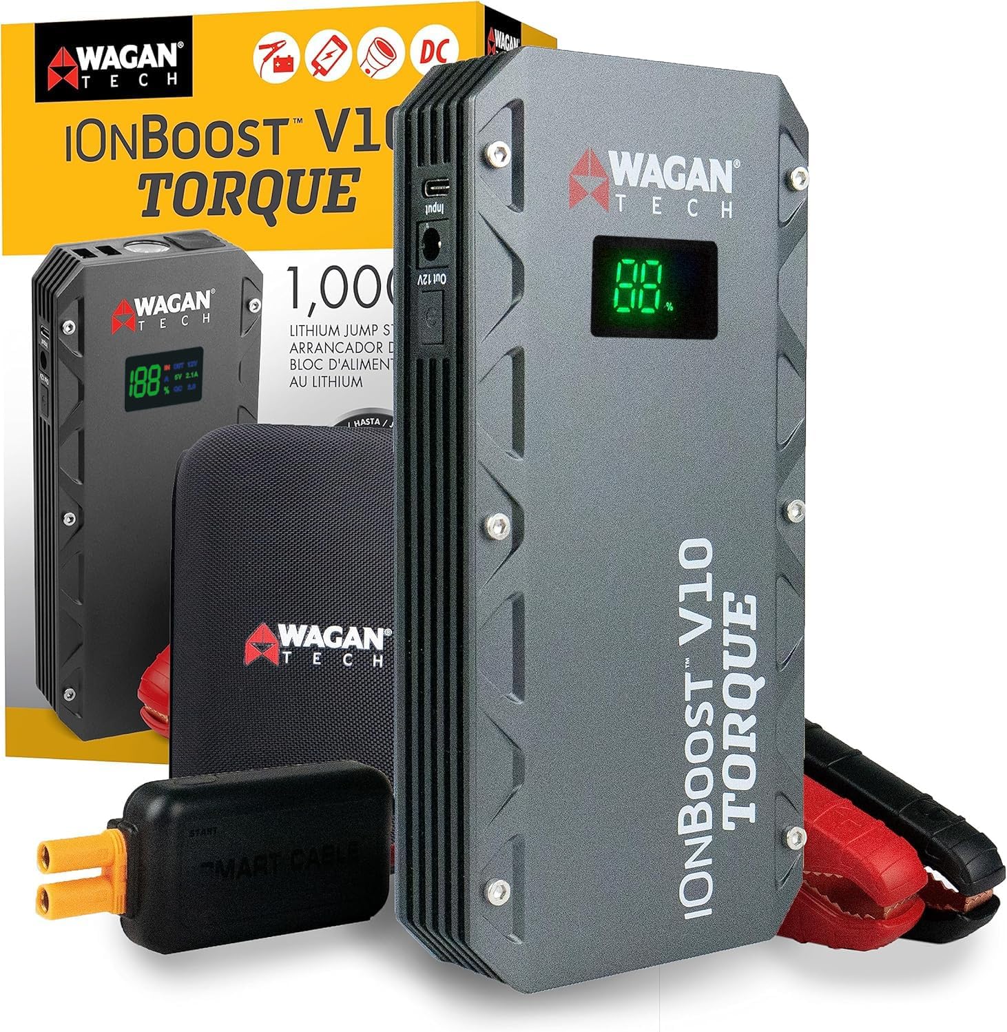 Wagan EL7507 Jump Starter iOnBoost V10 Torque 1000Amp Peak 12V Portable Lithium Car Battery Up to 7.8L V10 or 6.7L Diesel, 12V Jump Pack with Built-in LED Bright Light, UL Certified