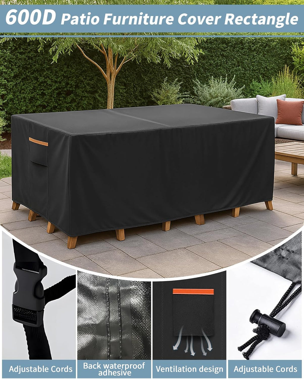 Outdoor Waterproof Furniture Cover, 111W x 74L x 28H inches Heavy Duty 600D Rectangular Table and Chair Set Protection, Black