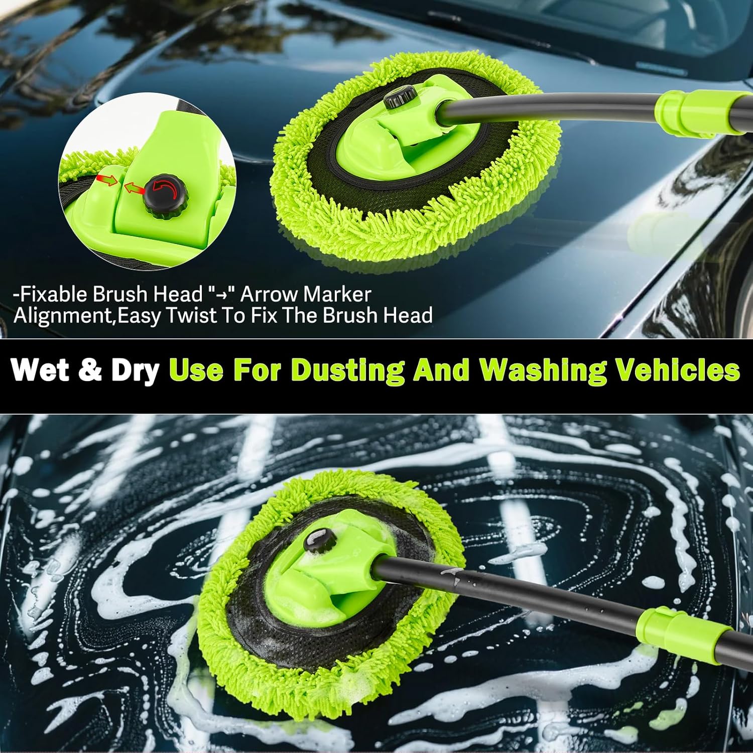 Car Wash Brush with Long Handle - 15° Curved Extendable Car Wash Mop,Soft Car Washing Brushes with Extra Microfiber Mop Head for Truck SUV Cleaning Not Hurt Paint Scratch Free