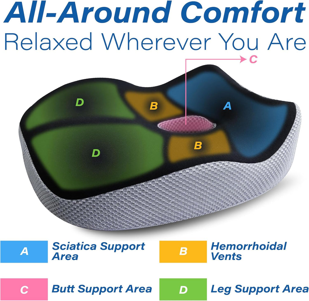 Car Seat Cushion, Ergonomic Memory Foam Car Cushion for Sciatica Pain Relief, Larger Driving Seat Pillow for Short Drivers on Long Drives - Butt Pillow for Truck, Office, Wheelchair - Black&Gray