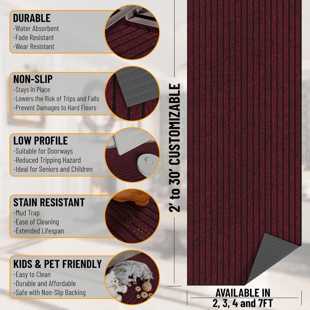 Ottomanson 2' x 5' Hallway Runner with Scraper Pile - Extra Durable Non-Slip Rug Mat for Indoor & Outdoor Use - Ideal for Kitchen, Entryway, Patio & Garage - High-Traffic Carpet, Red