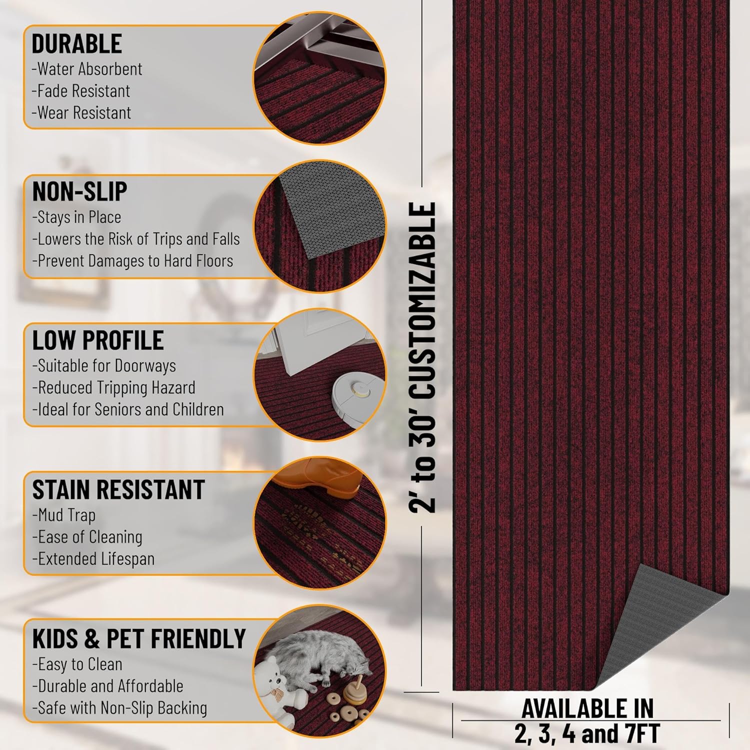 Ottomanson 2' x 9' Hallway Runner with Scraper Pile - Extra Durable Non-Slip Rug Mat for Indoor & Outdoor Use - Ideal for Kitchen, Entryway, Patio & Garage - High-Traffic Carpet, Red