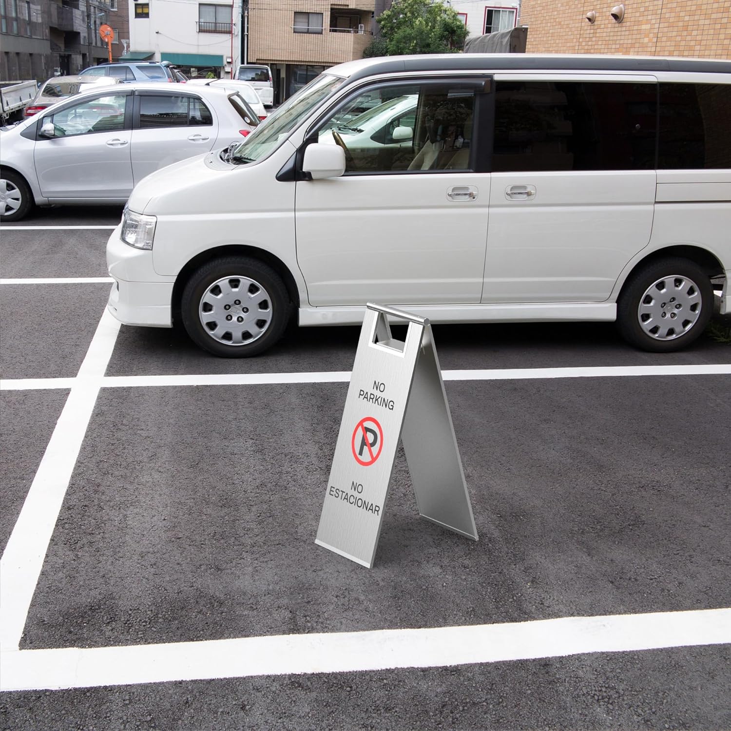 Stainless Steel No Parking Sign Portable Foldable Handle 2-Pack (Silver)