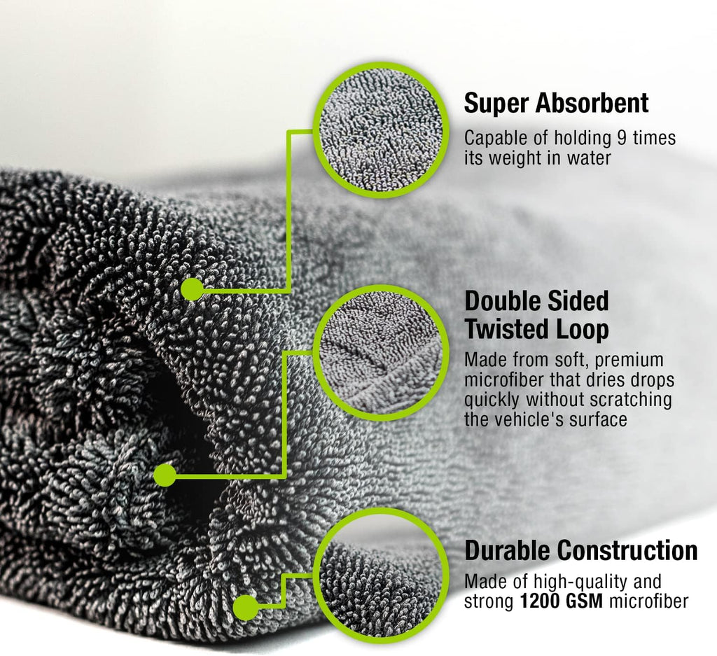 ExoForma Mega Car Drying Towel - Holds Up to 9 lbs, No Streaks, Scratches, or Water Spots | 1200 GSM Microfiber Double Twist Pile & Edgeless Design, 1 Quick & Effortless Dry - 24” x 36”