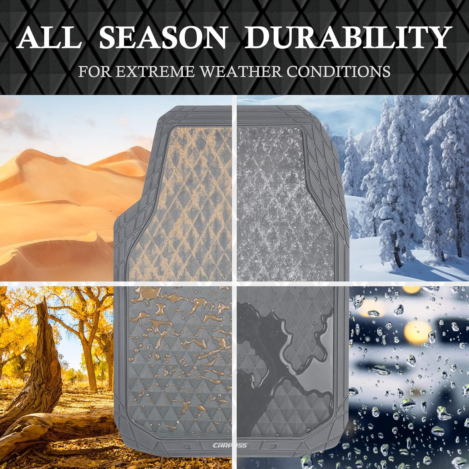 CAR PASS Gray Rubber Car Mats, All-Weather Floor Mats Full Set Durable Anti-Slip 3D Rhombus Waterproof Automotive Pad Trim to Fit Liner Universal Fit for Sedan SUV Truck Van, 4 Pcs All Gray Rubber