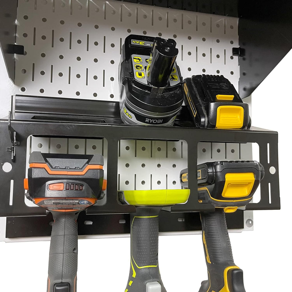 Wall Control Power Tool Storage Organizer Kit Cordless Drill Holder Charging Station Rack 16” x 32” Metal Pegboard Organization System (White Pegboard)