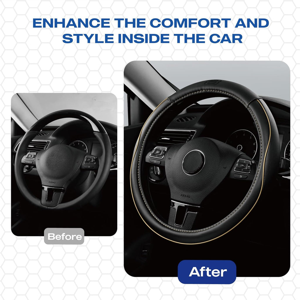 Skechers Memory Foam Steering Wheel Cover,Piping Microfiber Leather Steering Wheel Cover Sporty Universal Fit 14" 1/2-15" Car Wheel Protector for Men Women Fit Suvs,Vans,Sedans,Car,Trucks,Beige