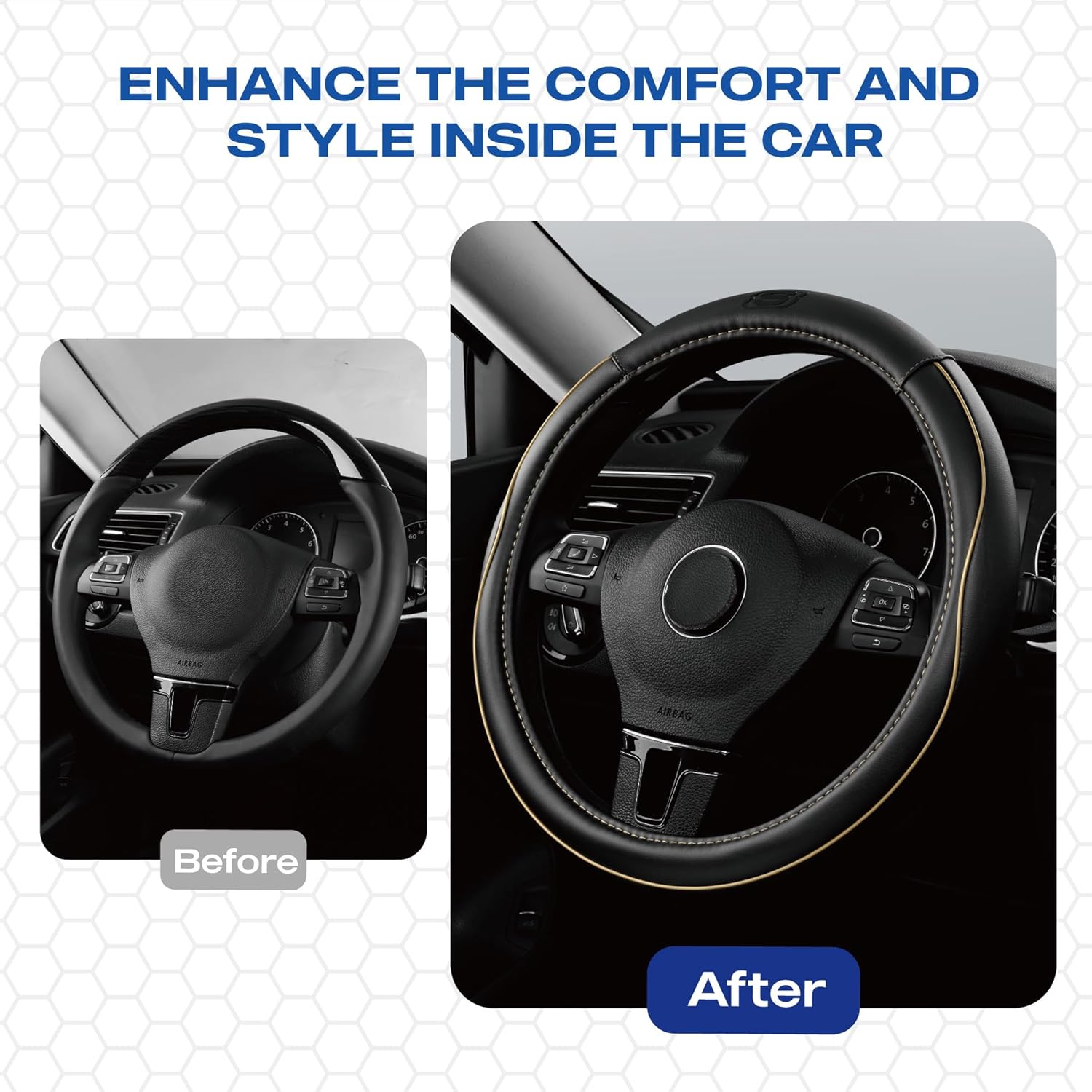Skechers Memory Foam Steering Wheel Cover,Piping Microfiber Leather Steering Wheel Cover Sporty Universal Fit 14" 1/2-15" Car Wheel Protector for Men Women Fit Suvs,Vans,Sedans,Car,Trucks,Beige