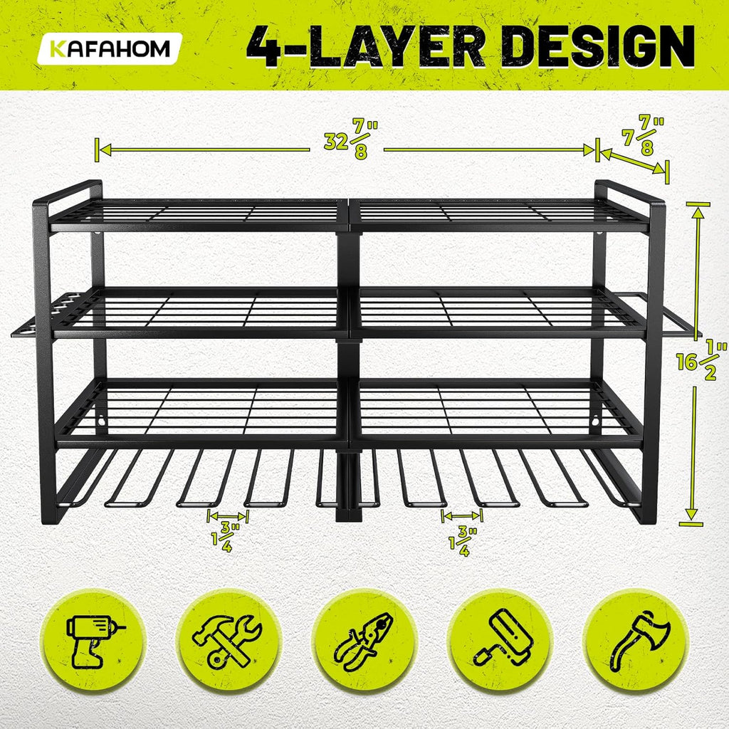 KAFAHOM Power Tool Organizer-8 Drill Holder Wall Mount,4 Layer Heavy Duty Metal Power Tool Storage Rack,Garage Tool Organizer and Storage with Screwdriver Holder/Plier Holder/Hammer Holder