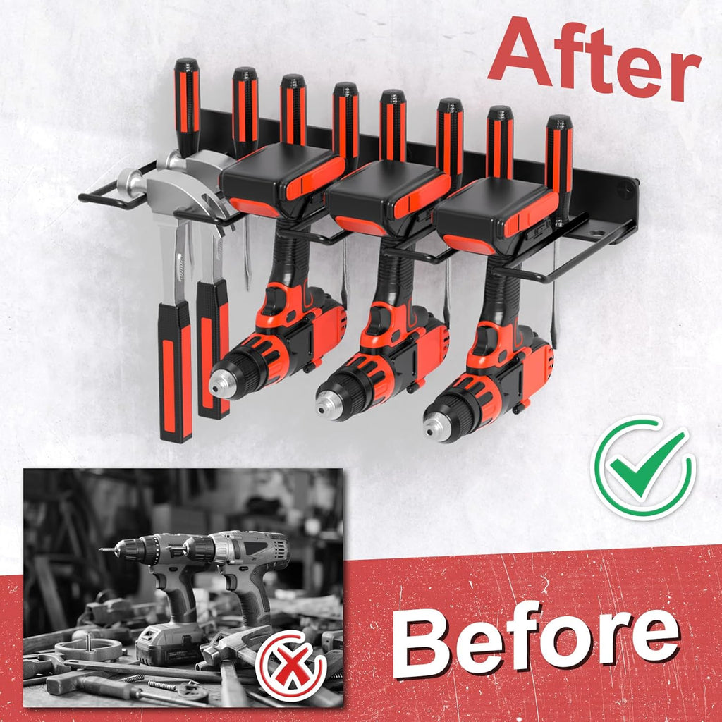 Drill Holder Power Tool Organizer Wall Mount, 4 Cordless Drill Racks with Screwdriver Hole, Heavy Duty Metal Garage Tool Organizer Storage for Tool Room Workshop Basement(1 Tier Black)